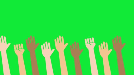 4k animation of various races raising their hands . green background for chroma key use.