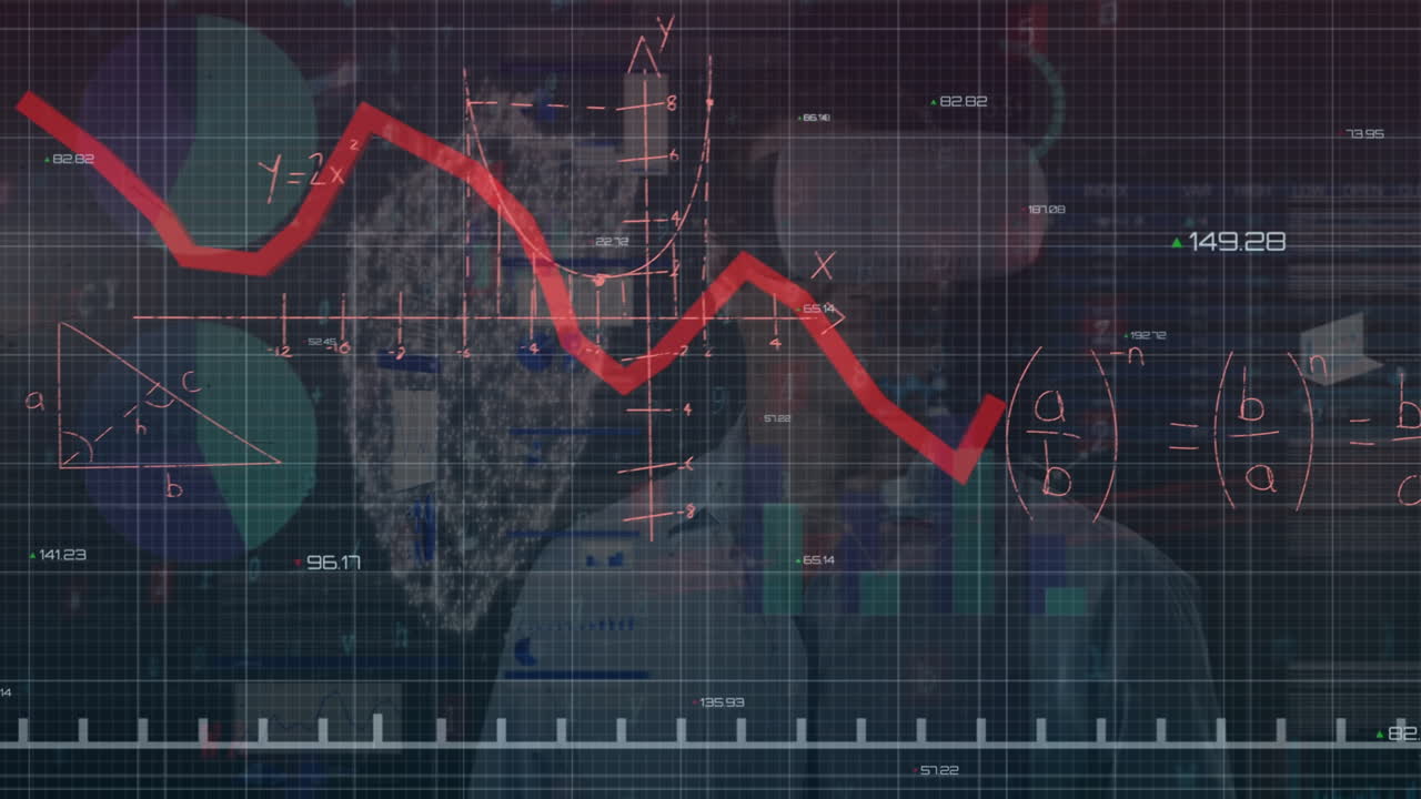 animación del procesamiento de datos sobre un hombre de negocios caucásico usando auriculares vr