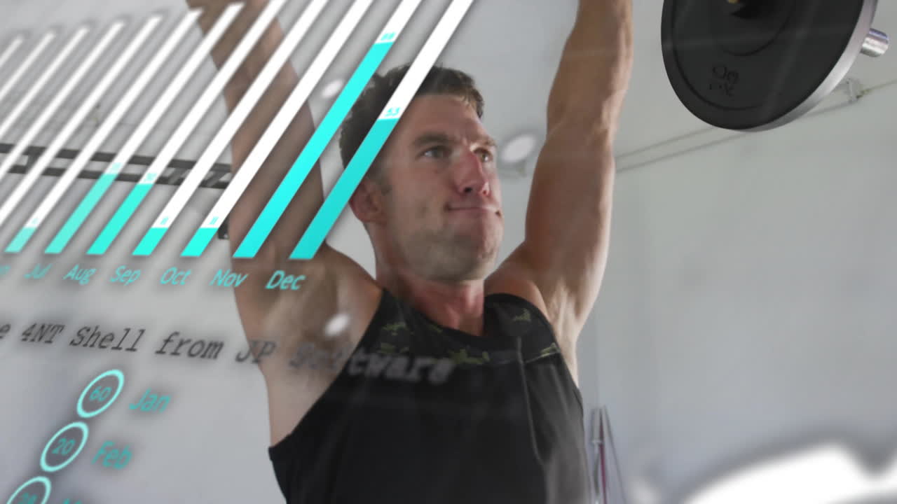 체육관에서 웨이트를 들어올리는 백인 남성에 대한 차트 및 처리 데이터의 애니메이션