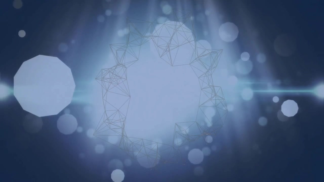 Fundo se abrindo liberando pontos, esfera emergindo por feixe de varredura, formas de wireframe aparecendo e depois desaparecendo