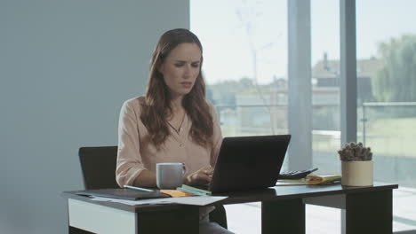 mujer de negocios recibiendo malas noticias. mujer independiente seria trabajando en una computadora portátil.