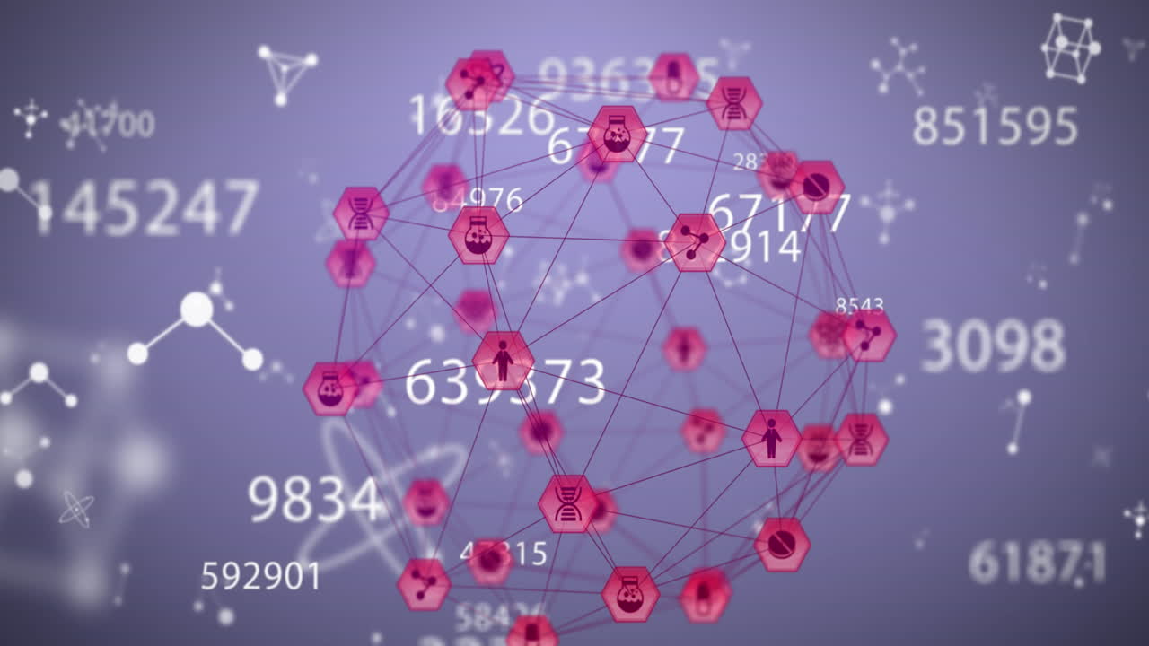 분자 구조의 애니메이션, 변화하는 숫자, 보라색 배경에 디지털 아이콘의 지구