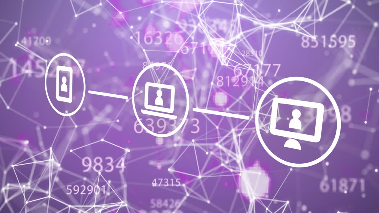 animación de diagrama de flujo de iconos sobre puntos conectados y números cambiantes contra fondo púrpura
