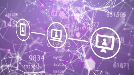 Animation-Eines-Flussdiagramms-Mit-Symbolen-über-Verbundenen-Punkten-Und-Wechselnden-Zahlen-Vor-Violettem-Hintergrund