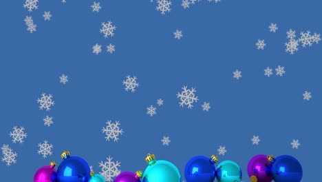 Animation-of-snowflakes-falling-over-christmas-baubles-on-blue-background