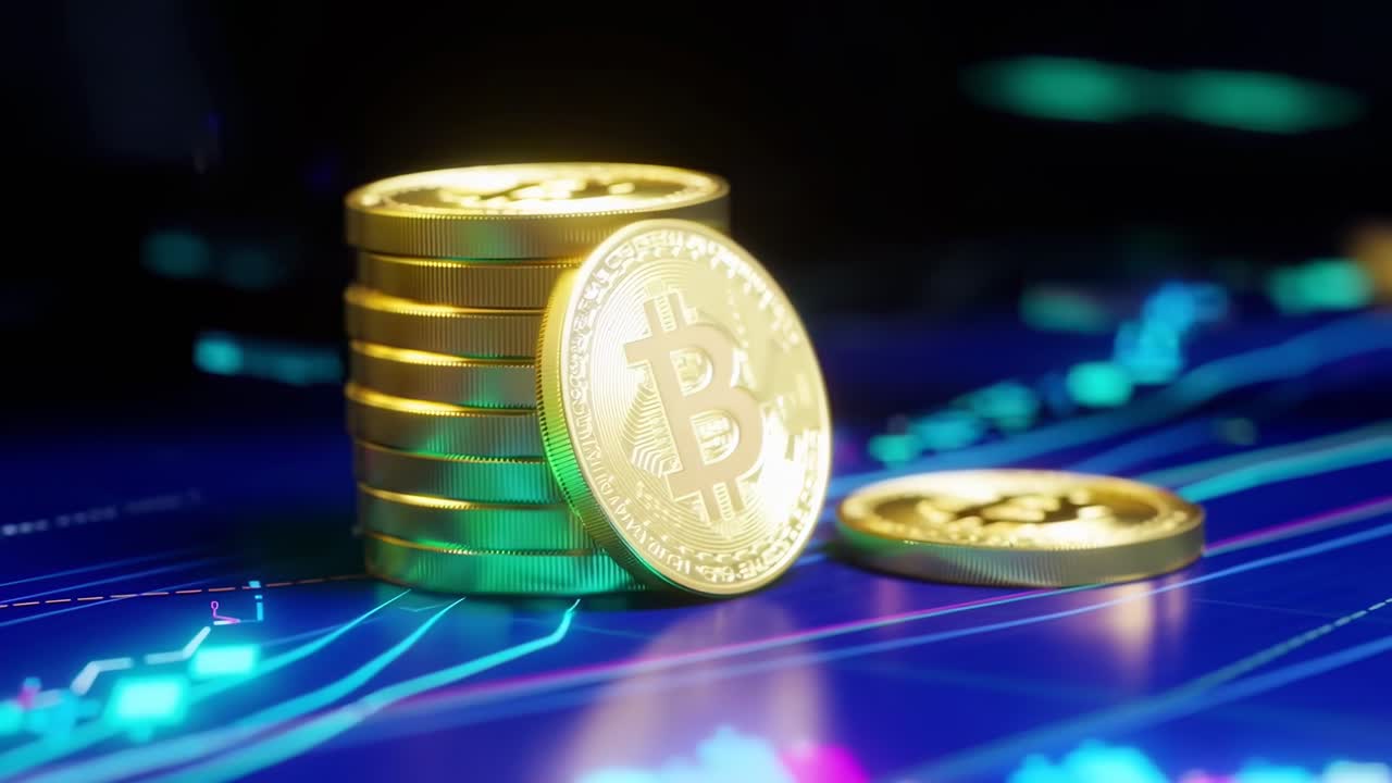 Low-angle video of stacked bitcoins on a digital financial chart, glowing neon style