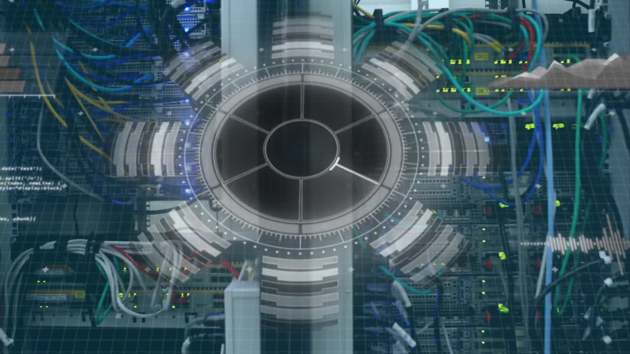 Animation of round scanner and data processing and round scanner over close up of a computer server