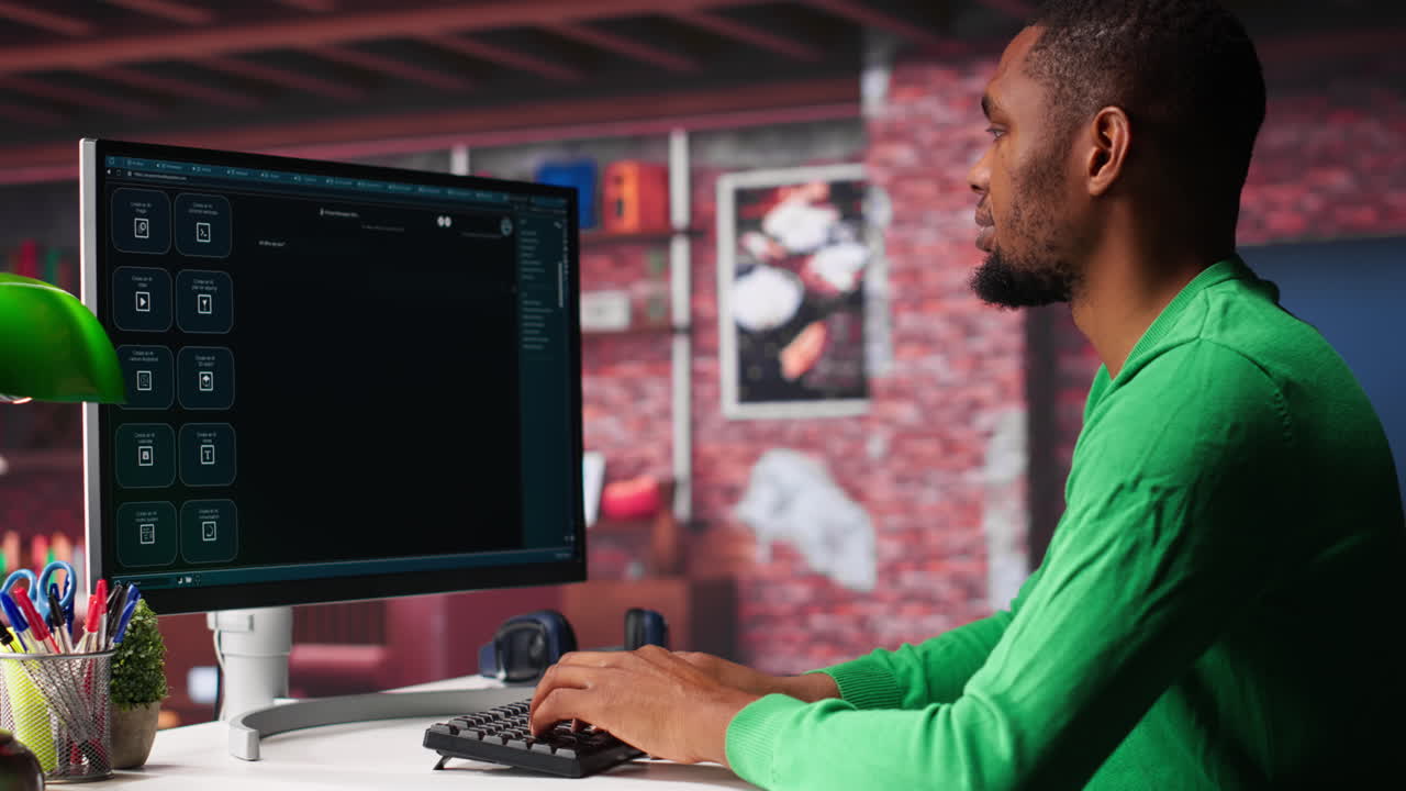 Vertical Video African american guy uses artificial intelligence chatbot trained