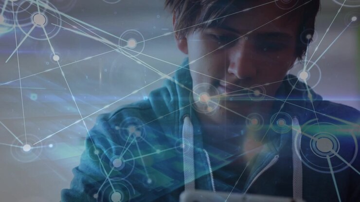 Animation of network of connections over caucasian student