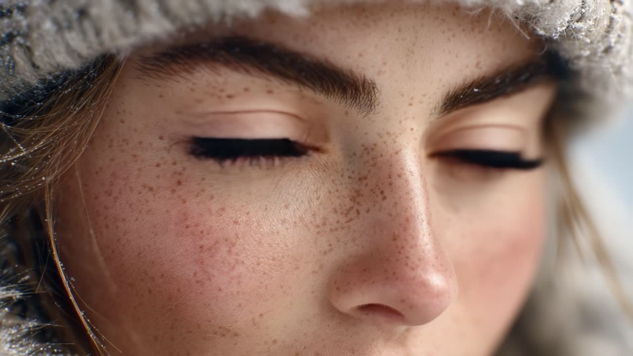 Close-up of a Young Woman with Beautiful Blue Eyes and Freckles, Wearing a Cozy Snowy Hat, Capturing an Intimate Moment Against a Winter Background