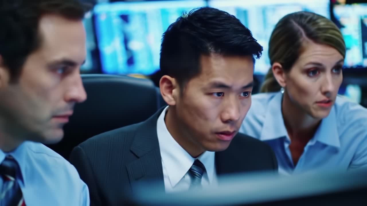 Focused Professionals Collaborating in a High-Tech Trading Environment, Analyzing Data on Monitors Surrounded by Digital Graphics and Financial Trends
