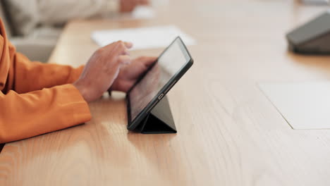 hands, tablet and woman by desk in office for web