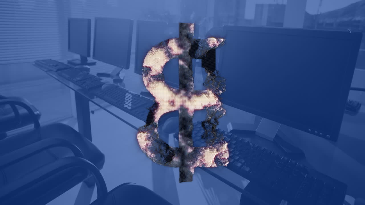 animación del procesamiento de símbolos de bitcoin en computadoras en escritorios en la oficina y fondo azul