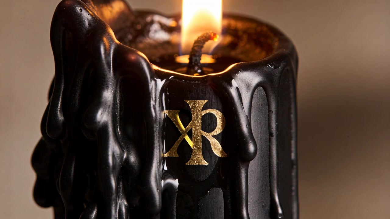 Burning black pillar candle lit wick heat-melting glossy wax down left face at studio, gold emblem