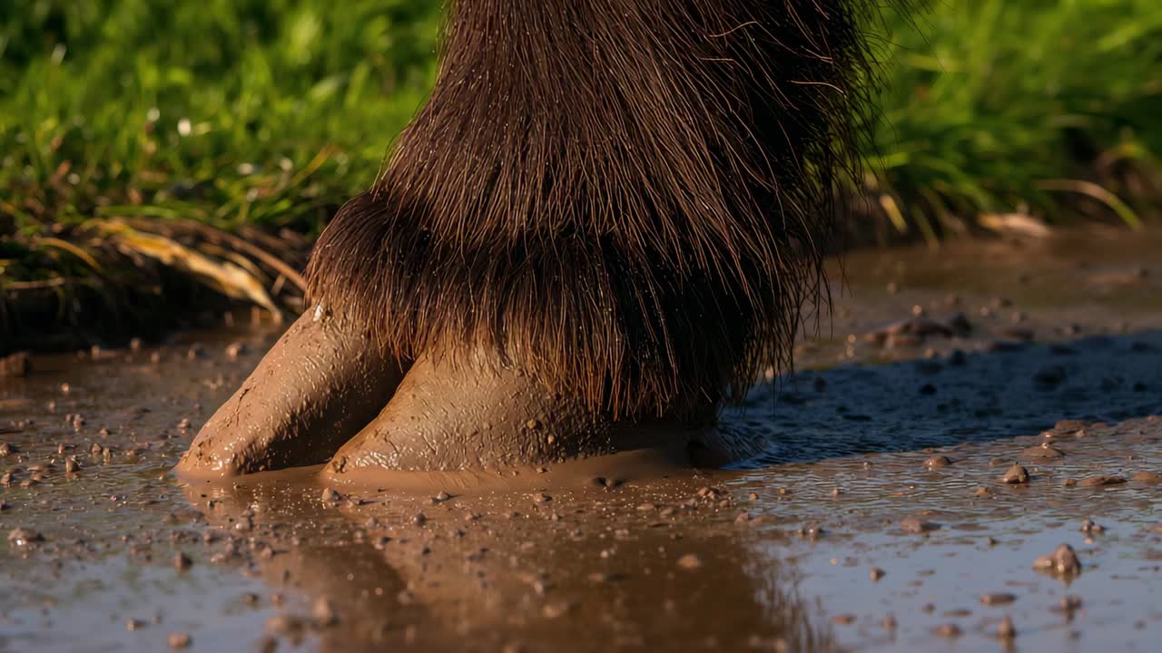 Shifting, cloven hooves with shaggy legs pressing into muddy puddle at field edge, making ripples
