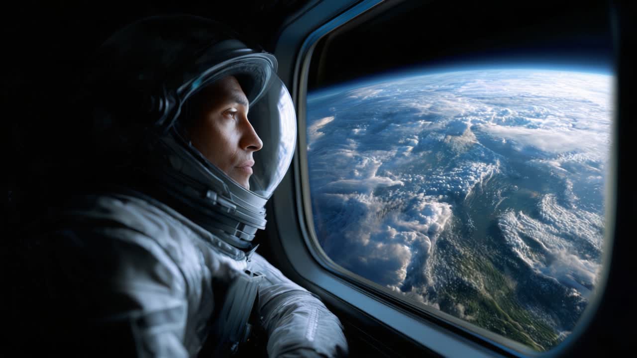 Un Astronauta Osserva la Terra da un Finestrino di un'Astronave, Catturando la Bellezza dei Paesaggi Planetari e la Serenità dello Spazio Esterno al Suo Meglio