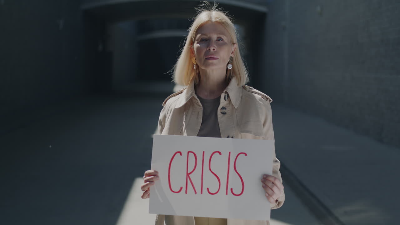Woman Holding a Sign that Says Crisis