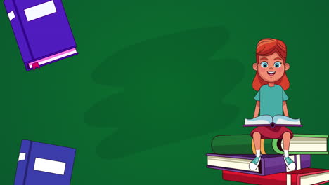 niña estudiante leyendo libros personaje animado