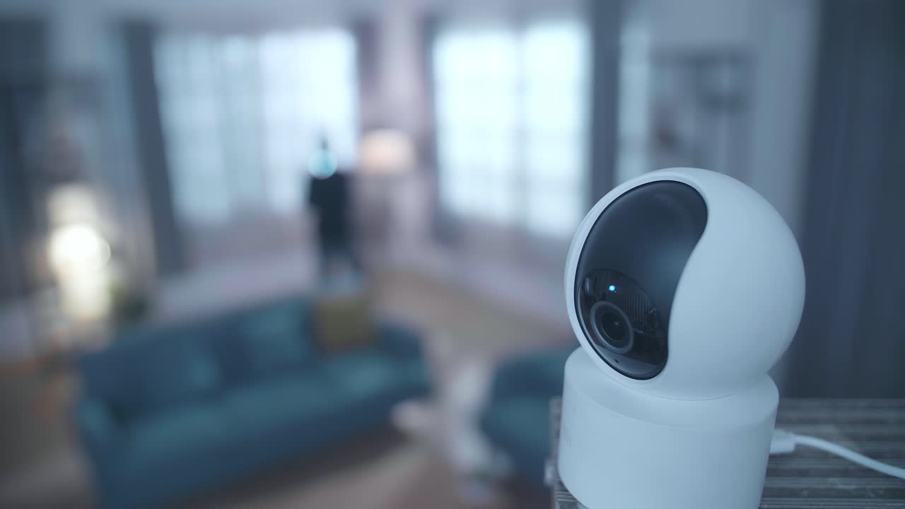 Closed Circuit Television Camera Is Working While A Thief Man With Flashlight Walking In Someone'S House