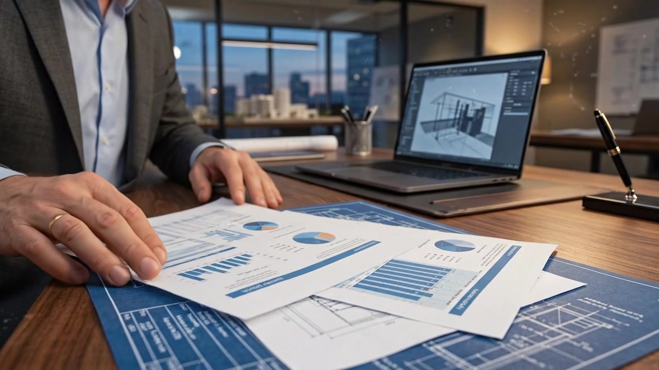 Businessman Reviewing Financial Reports and Blueprints in Modern Office