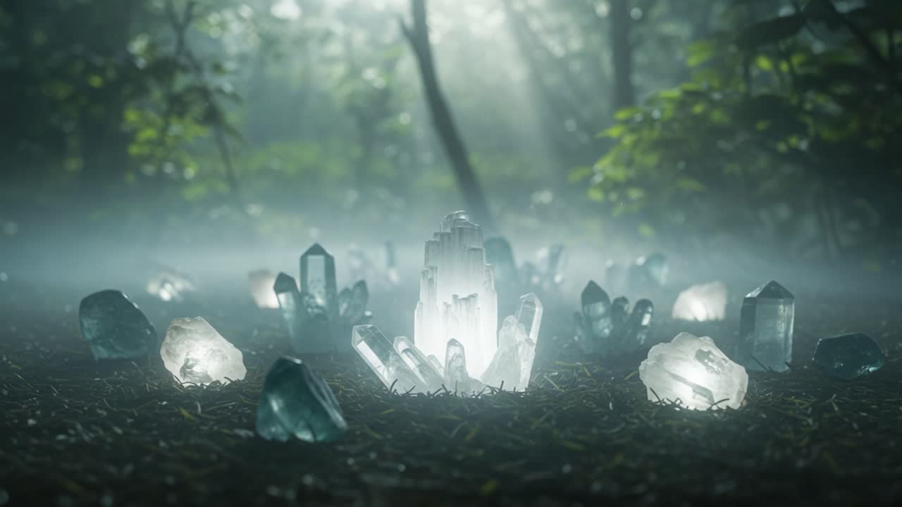 A Mystical Gathering of Crystals Illuminated by Soft Moonlight in a Forest Setting, Creating an Enchanting Atmosphere of Serenity and Wonder