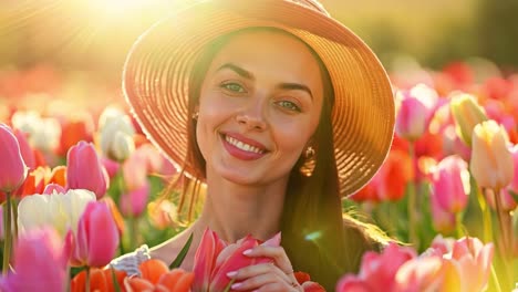 smiling woman in a sunlit tulip field