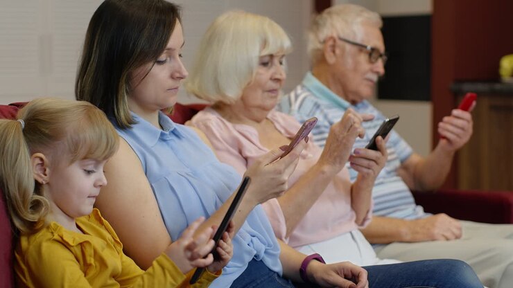 Addicted to gadgets family using mobile phone, tablet, laptop ignoring each other at home