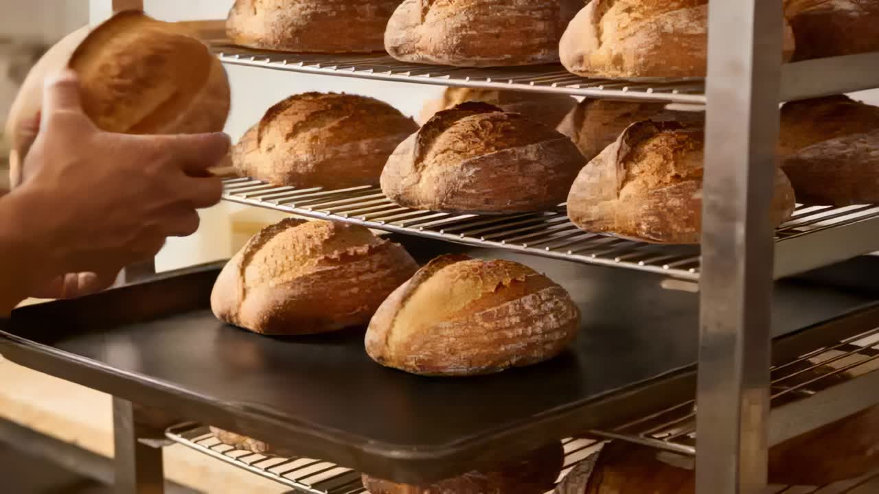 Menjangkau rak roti, pembuat roti mengenakan jas putih mengangkat ...