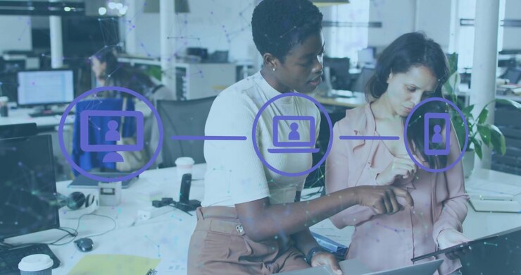 Animation of flowchart of icons and connected dots, diverse female coworkers sharing ideas in office