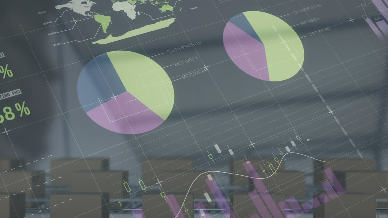 animación del procesamiento de datos financieros sobre cajas en cintas transportadoras en el almacén