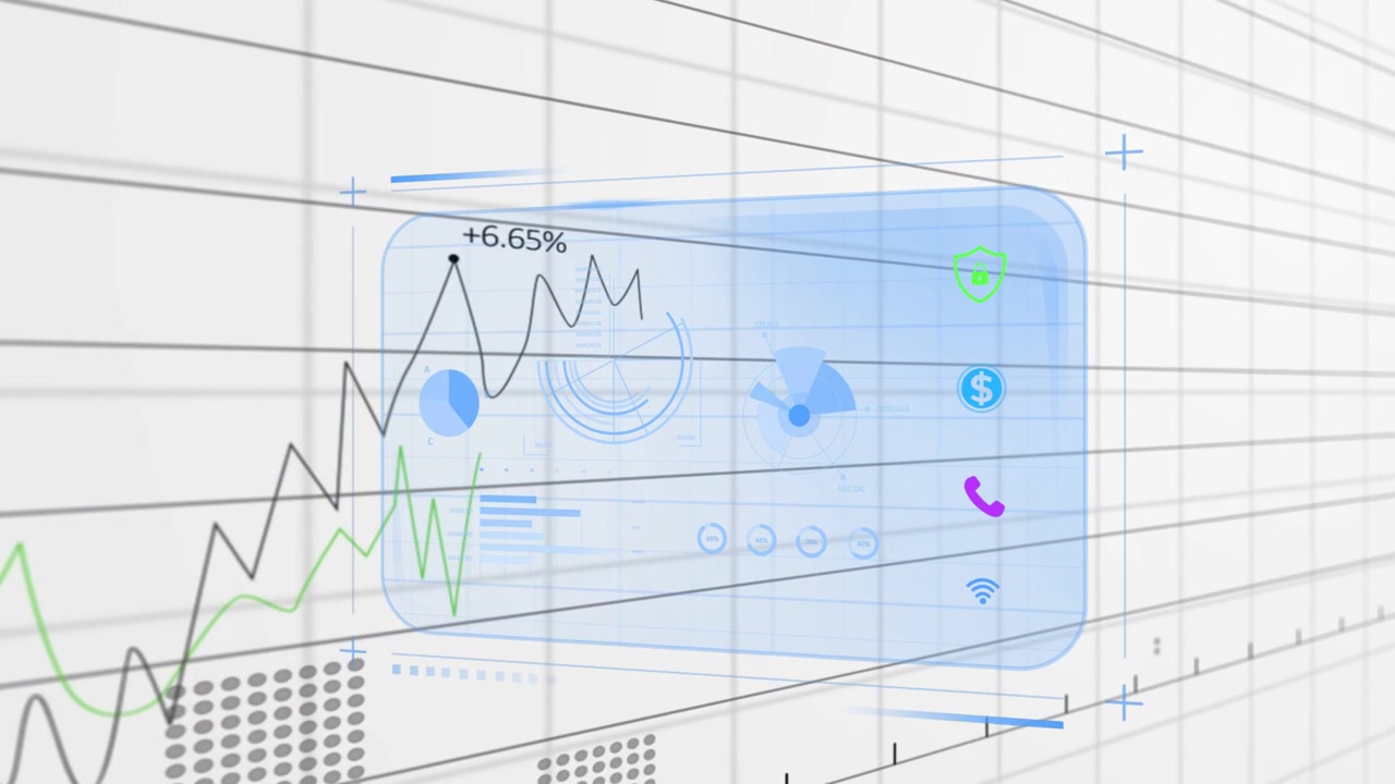 On data feed start translucent UI panel clarifying while line graphs sweeping to show metric shifts