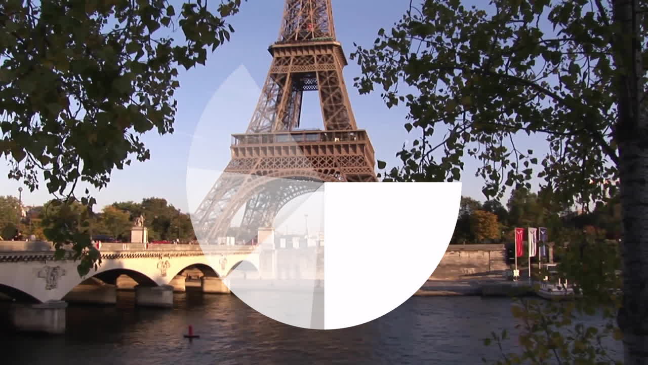 Pie chart animation over Eiffel Tower and Seine River in Paris