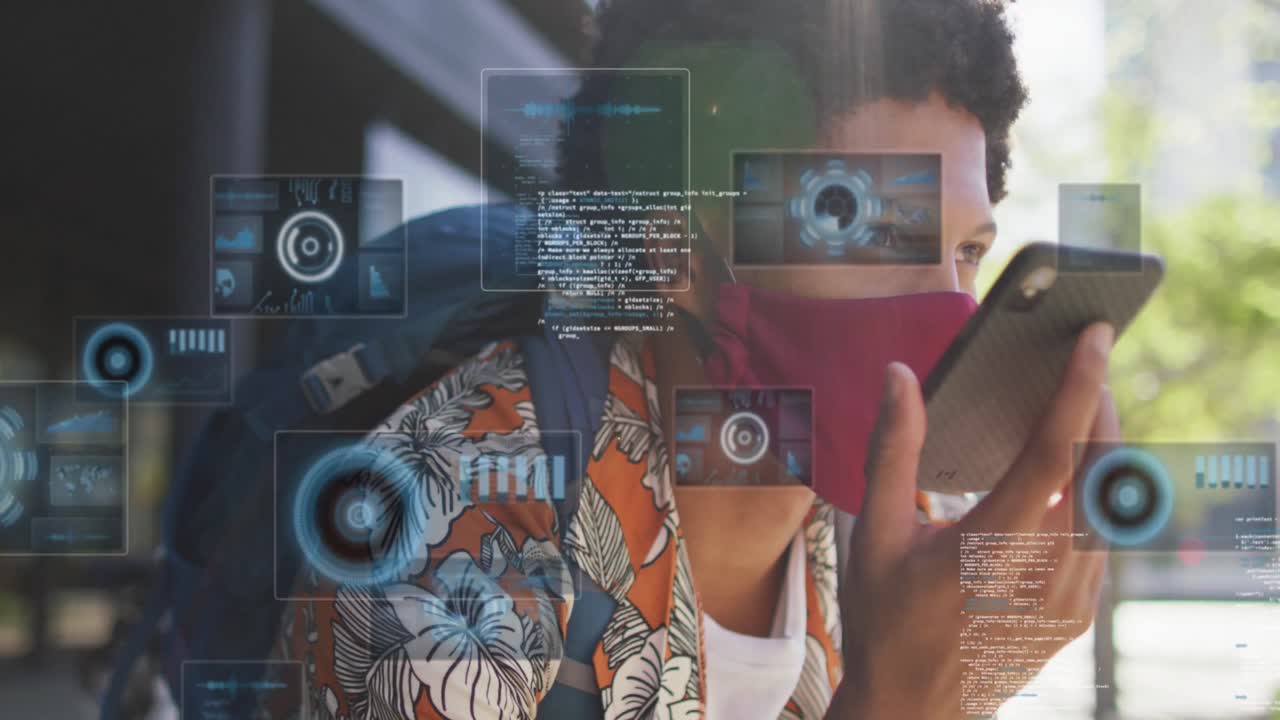 animación del procesamiento de datos sobre un hombre afroamericano que usa un teléfono inteligente