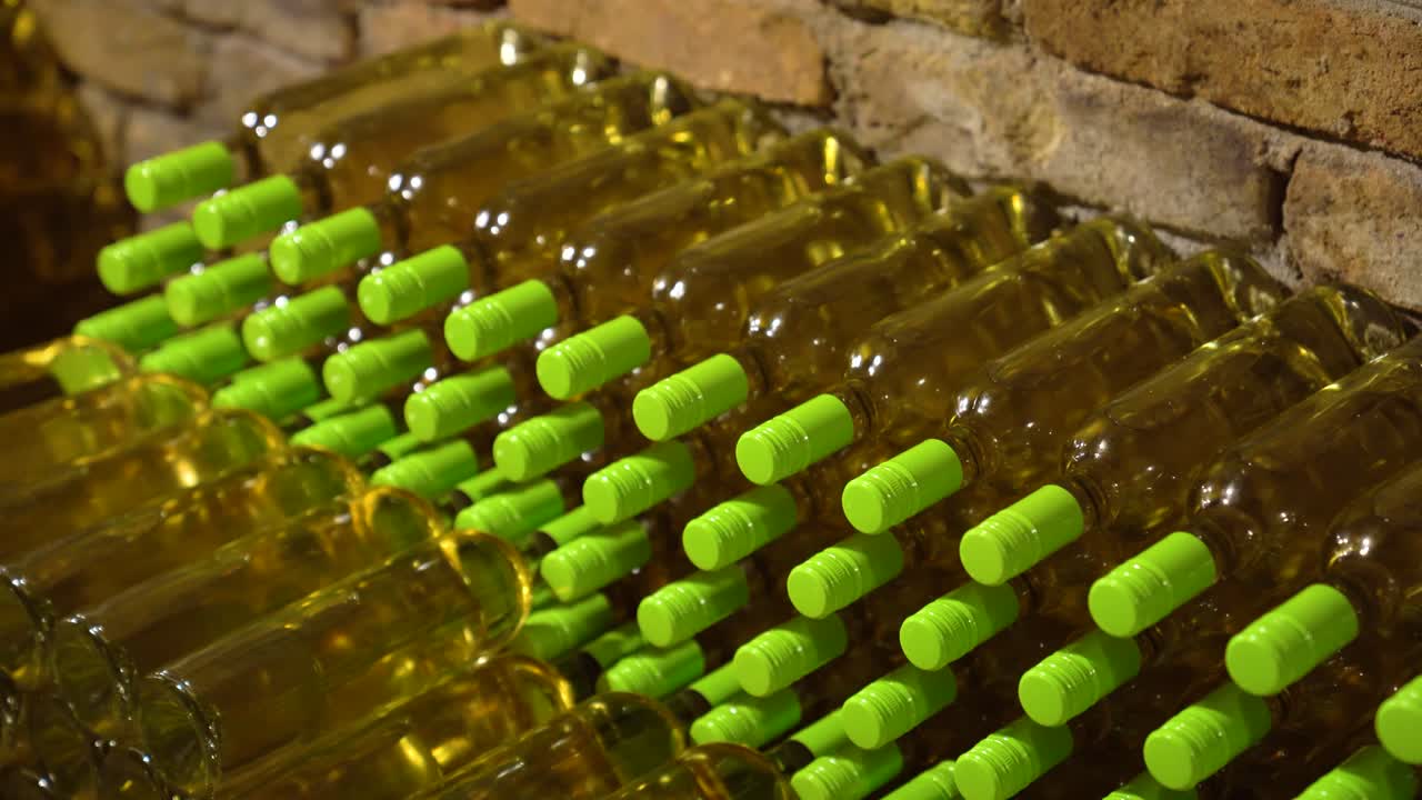 el tiro cercano muestra botellas de vidrio de vino blanco, dispuestas en un sótano de ladrillo, lentas