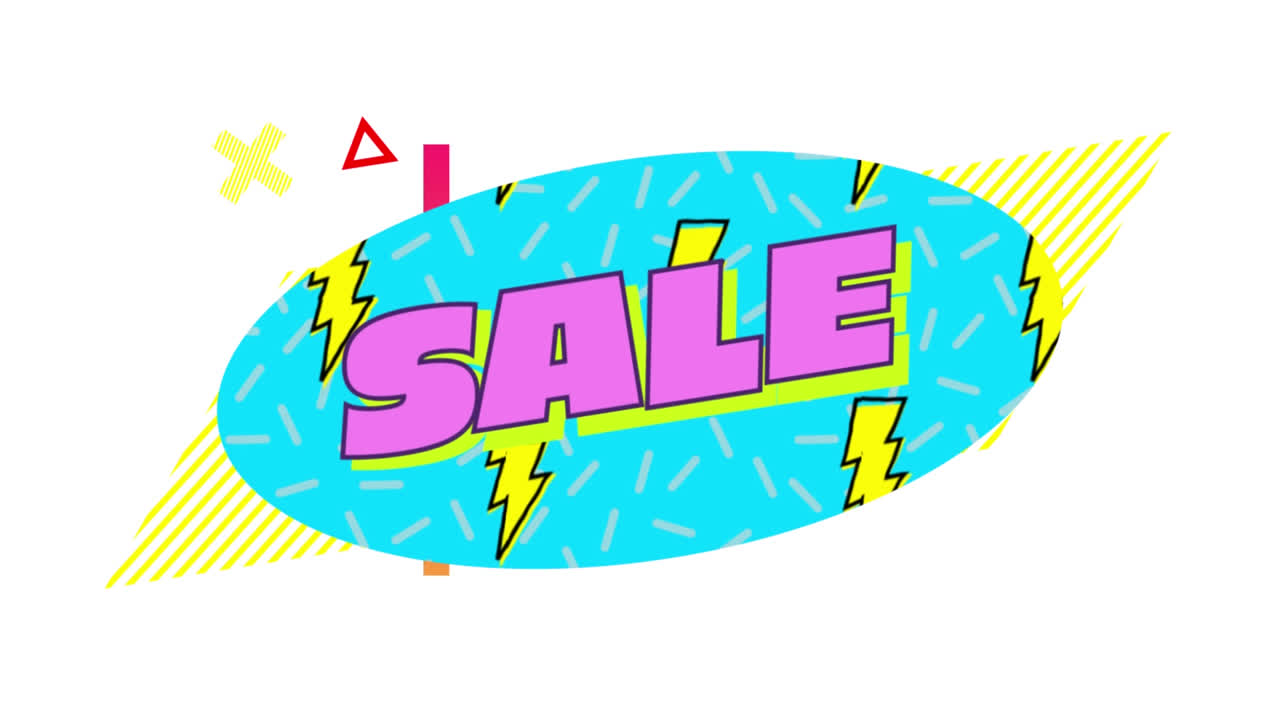 색 배경에 움직이는 요소가 있는 판매 그래픽