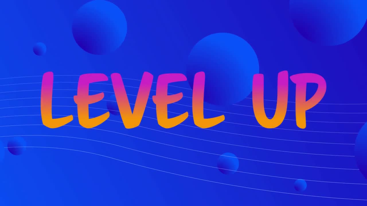 Digital animation of level up text against against 3d spheres on blue background