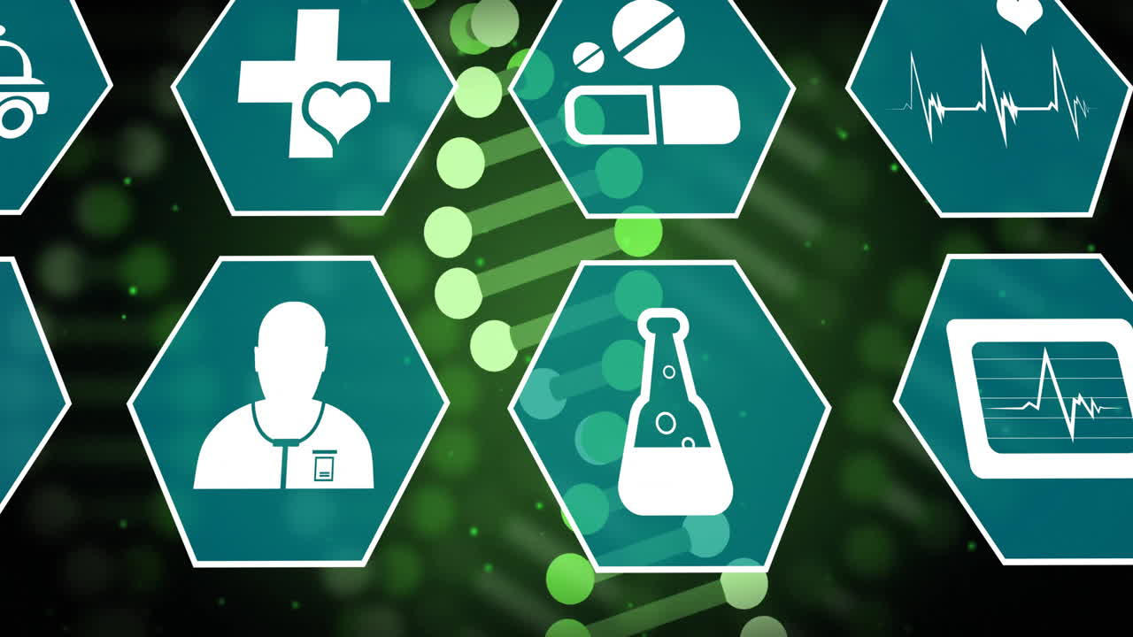 과학 데이터 처리 및 dna 스트랜드에 대한 의료 아이콘의 애니메이션