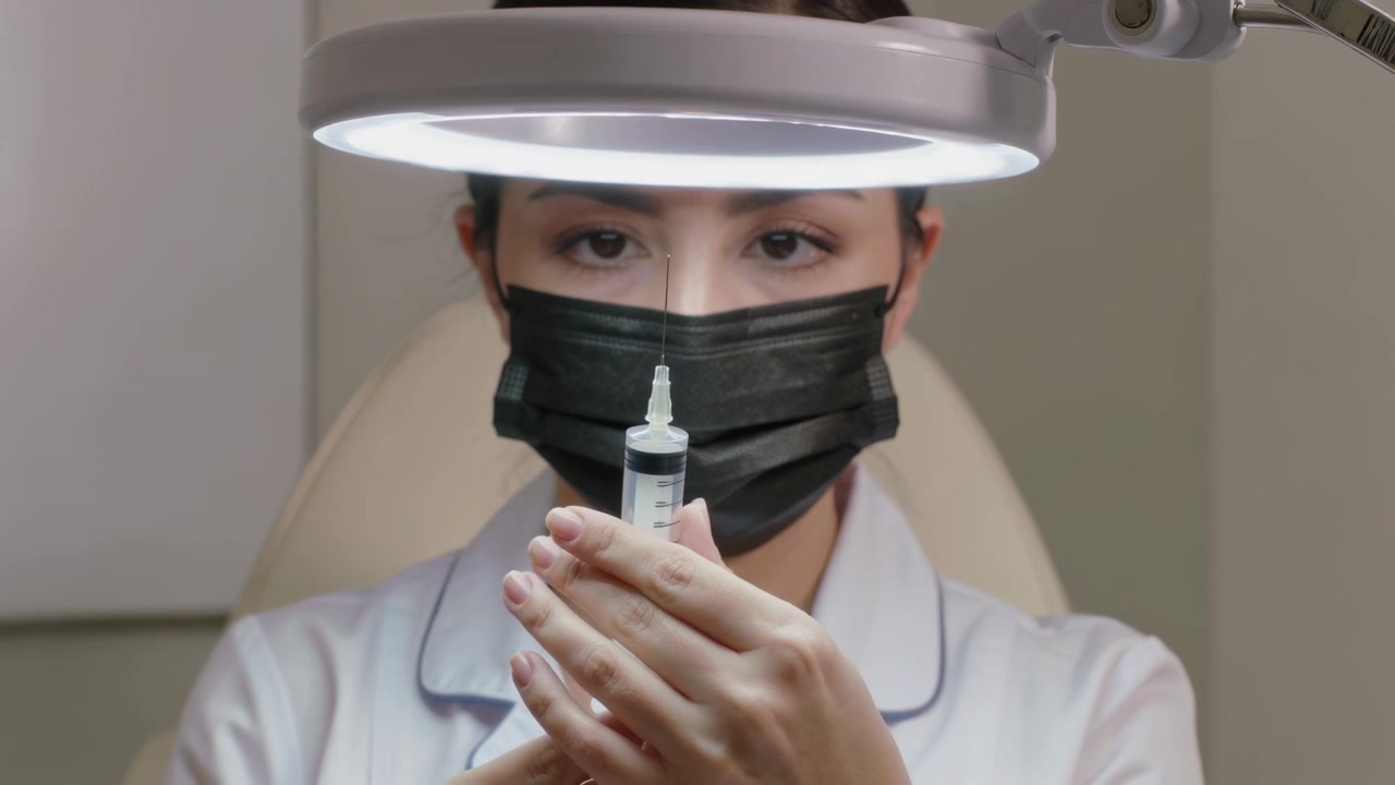 Infermiera in tunica e mascherina che si prepara, controllando una siringa sulla sedia della clinica, con la procedura che inizia illuminata da una lampada ad anello.