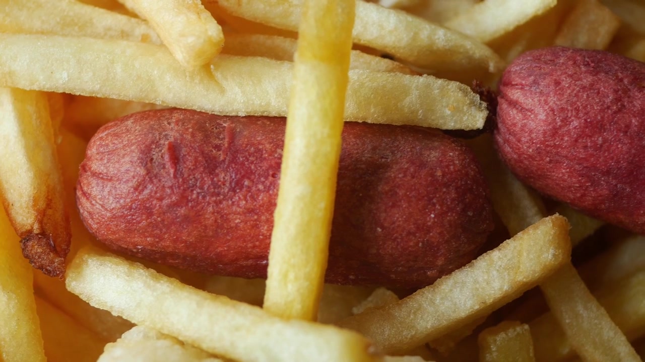 Close-up de Salsichas Fritas e Batatas Fritas