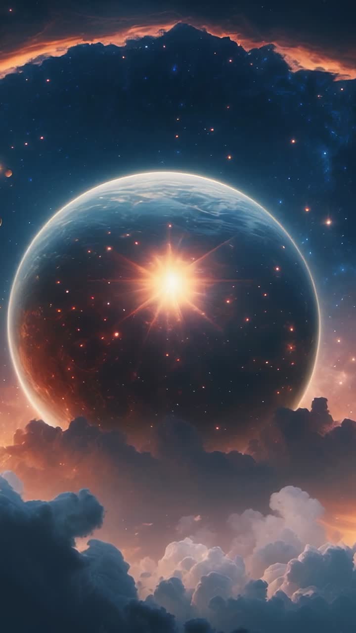 Vertical video: Opening view showing planet rising from clouds in space with star halo and stardust