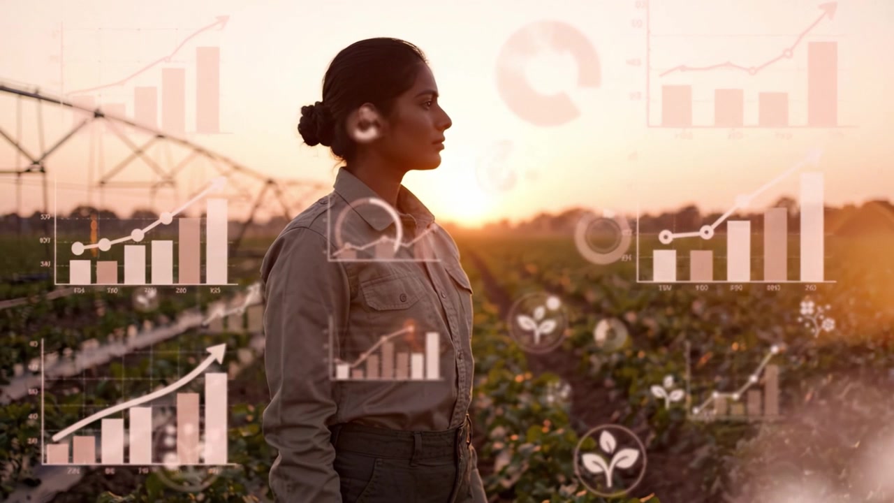 Pemberdayaan Pertanian: Seorang Wanita dalam Profil di Tengah Ladang saat Matahari Terbenam, Merangkul Inovasi dan Pertumbuhan Melalui Visualisasi Data dan Analitik