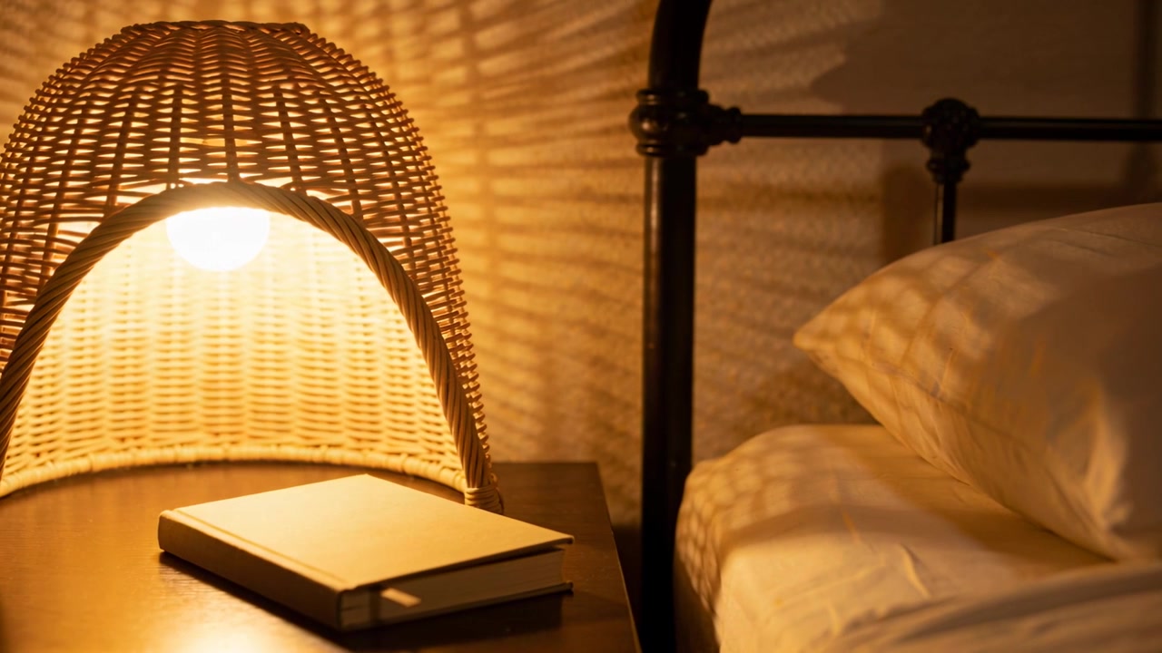 Casting shifting shadows, rattan lamp staying lit and lighting nightstand in bedroom with notebook