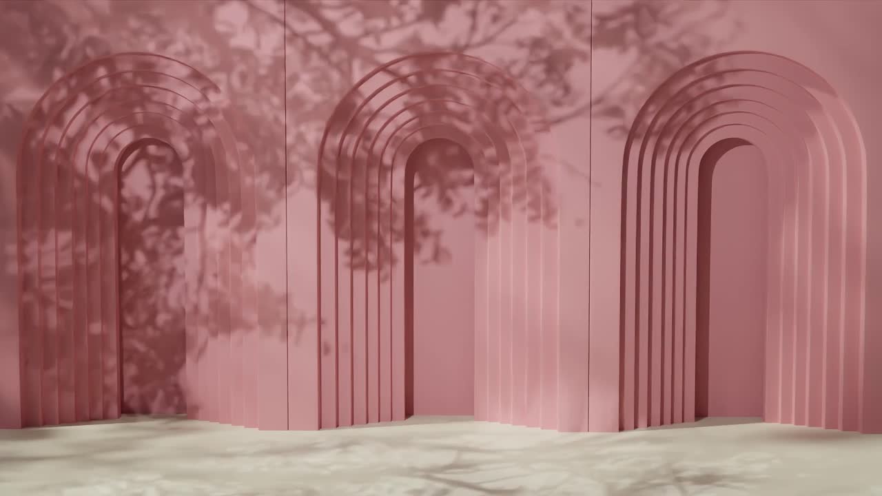 Geometric arched red wall with layered cutouts and shadows of tree branches. 3D architectural background. Design for banner, poster, wallpaper, and header.