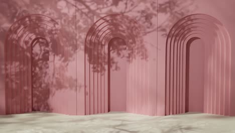 geometric arched red wall with layered cutouts and shadows of tree branches. 3d architectural background. design for banner, poster, wallpaper, and header.