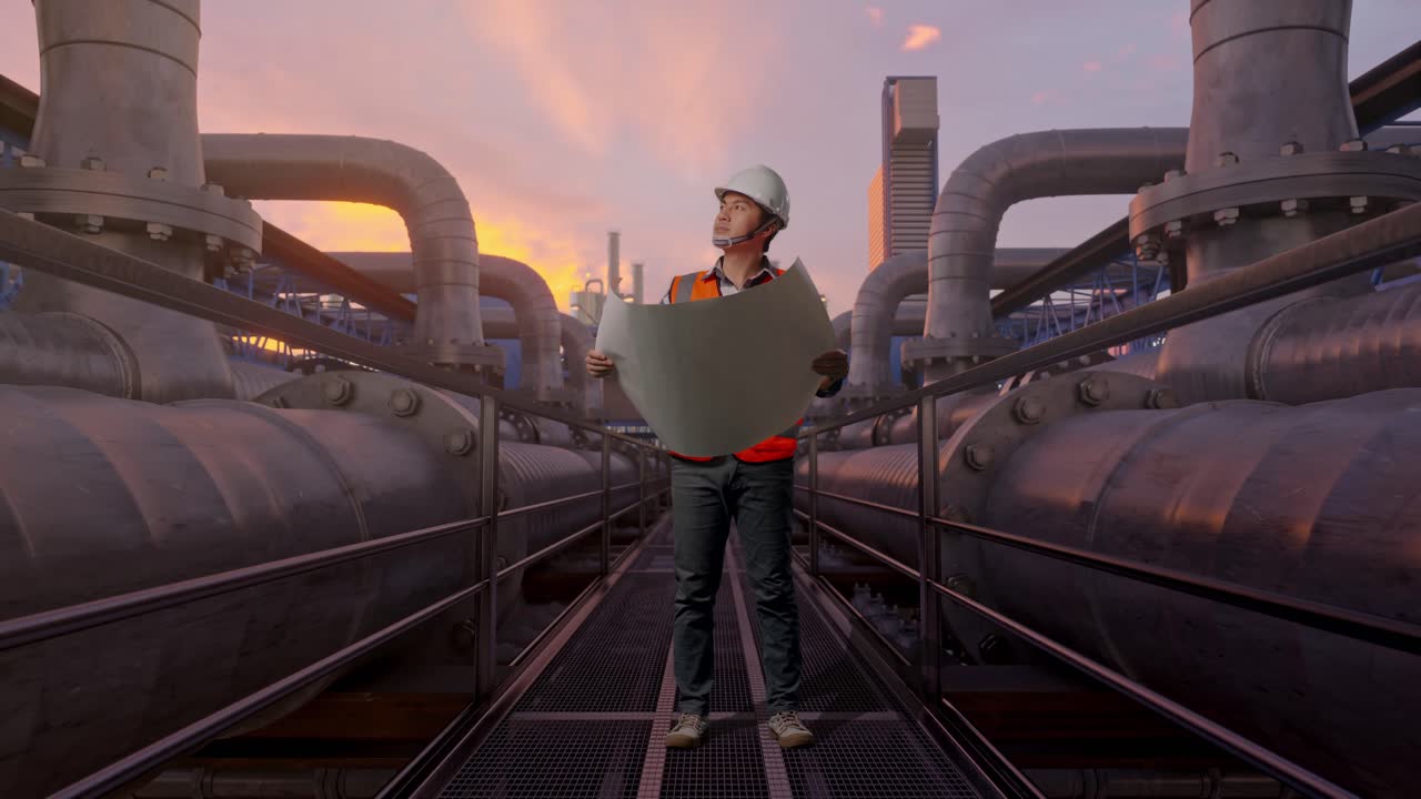 Helkropsbillede af en asiatisk mandlig ingeniør med sikkerhedshjelm, der kigger på en tegning i sine hænder og ser sig omkring, mens han står foran et industrielt rørledningsnetværk ved solnedgang.