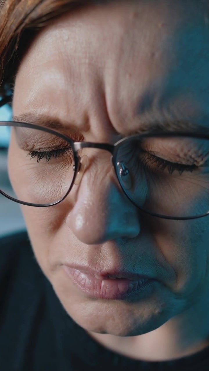 Vertical video: Furrowing woman wearing metal rims and dark top at desk squinting from screen glare