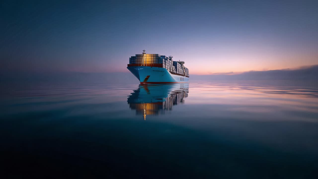 A Majestic Container Ship Anchored in Tranquil Waters During a Stunning Sunset, Reflecting Serene Colors Across the Calm Sea Surface in an Idyllic Setting