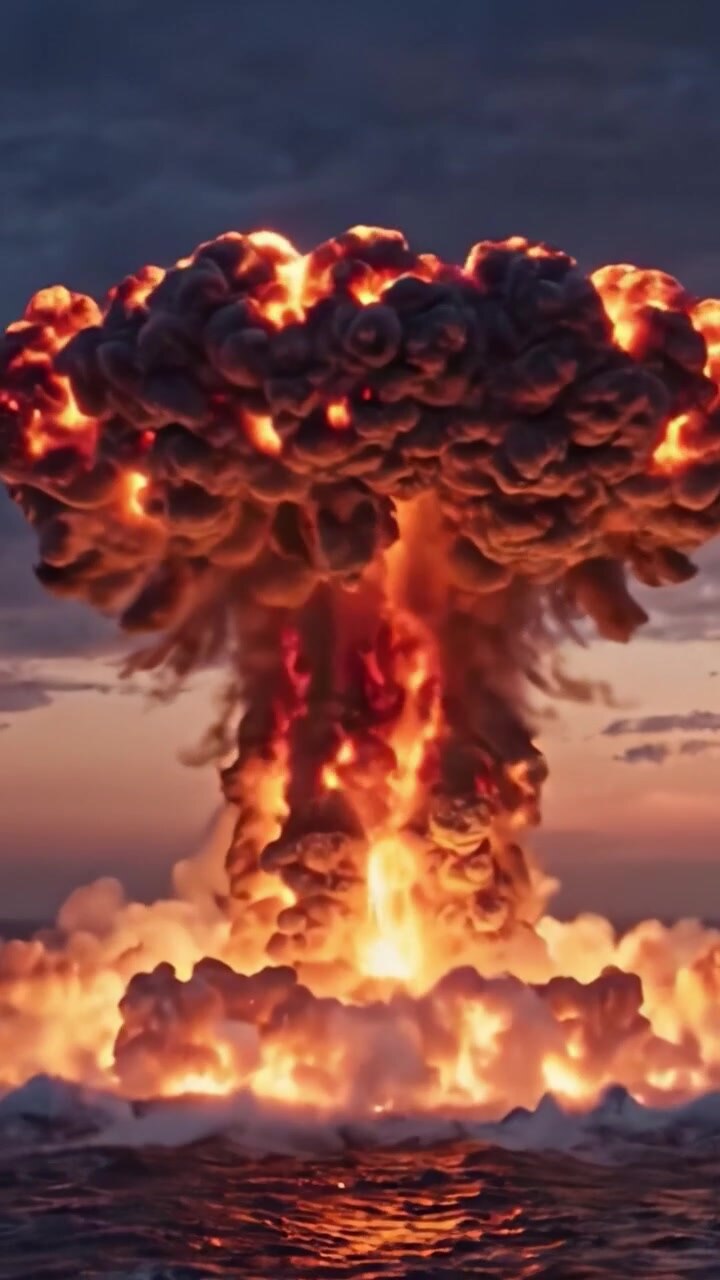 A Dramatic Explosion Erupts into a Towering Mushroom Cloud, Illuminating the Sky with Glowing Embers against a Darkening Horizon and Reflecting on the Water's Surface.