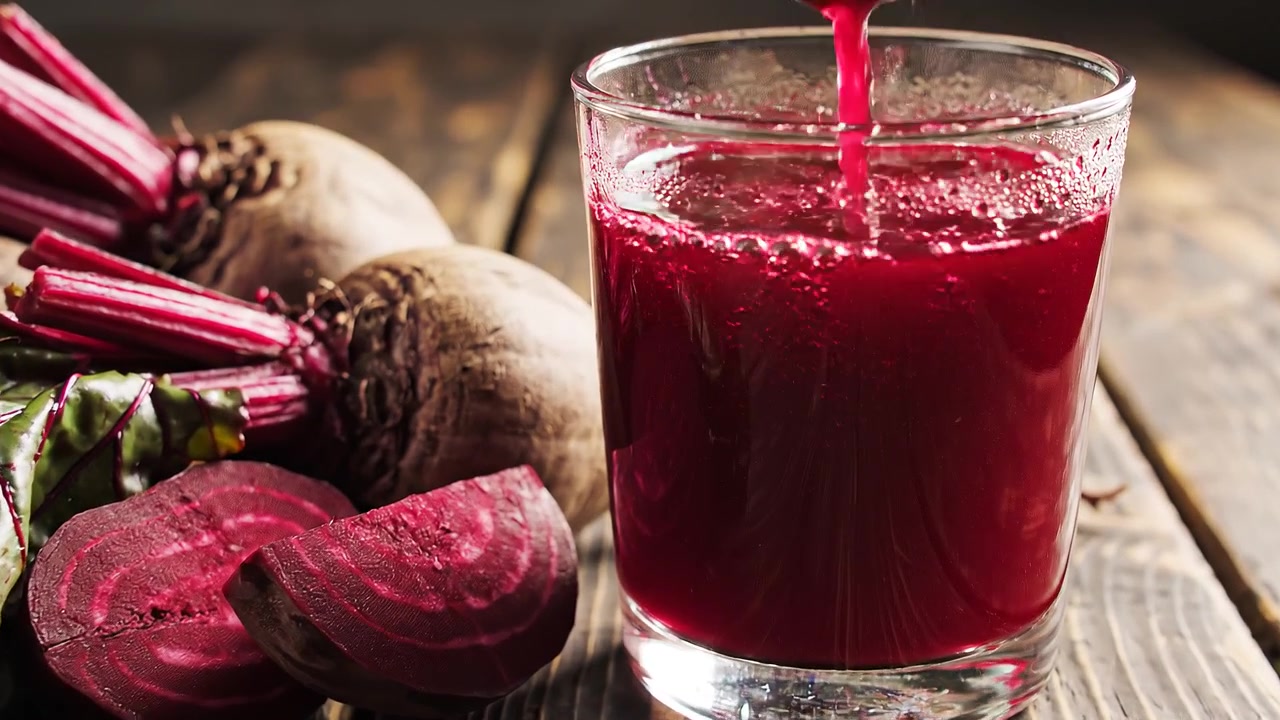 Fresh Beetroot Juice and Raw Beets on Rustic Wooden Background