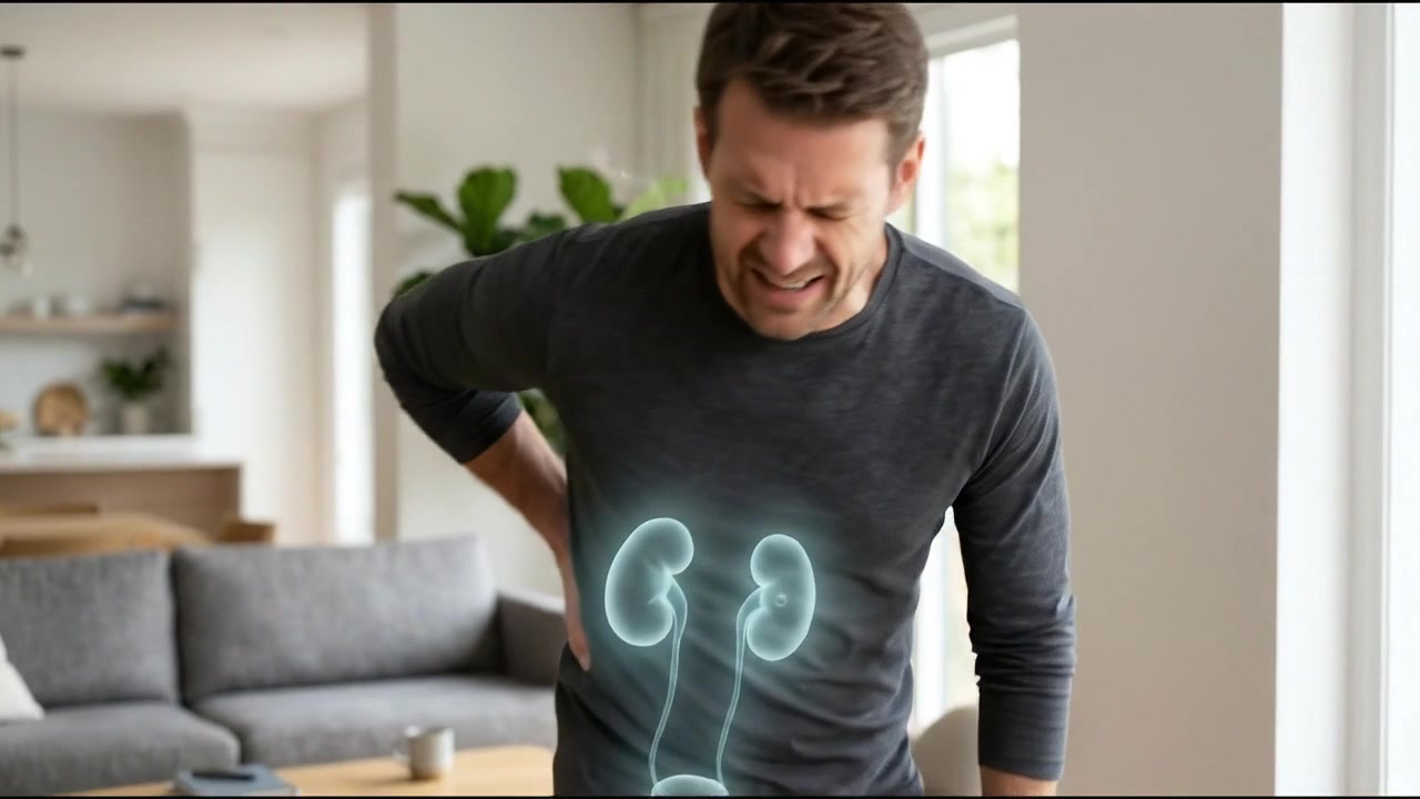 Man Experiencing Kidney Pain with Anatomical Overlay